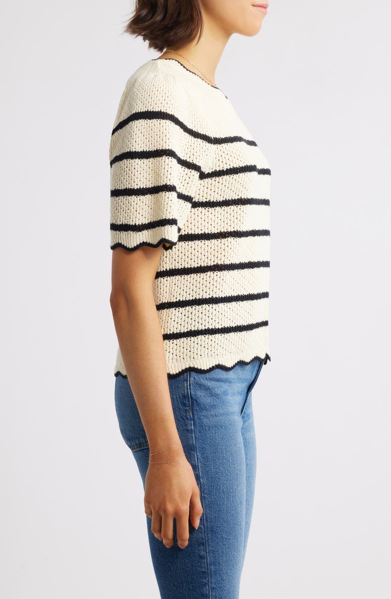 Wit & Wisdom Stripe Scallop Edge Short Sleeve Sweater, Alternate, color, 