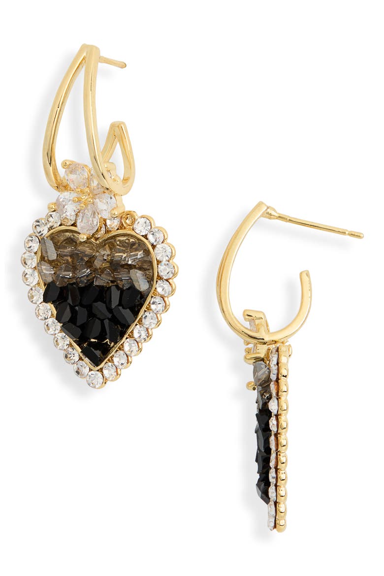 Jacqueline Black Heart Drop Huggie Hoop Earrings, Main, color, GOLD
