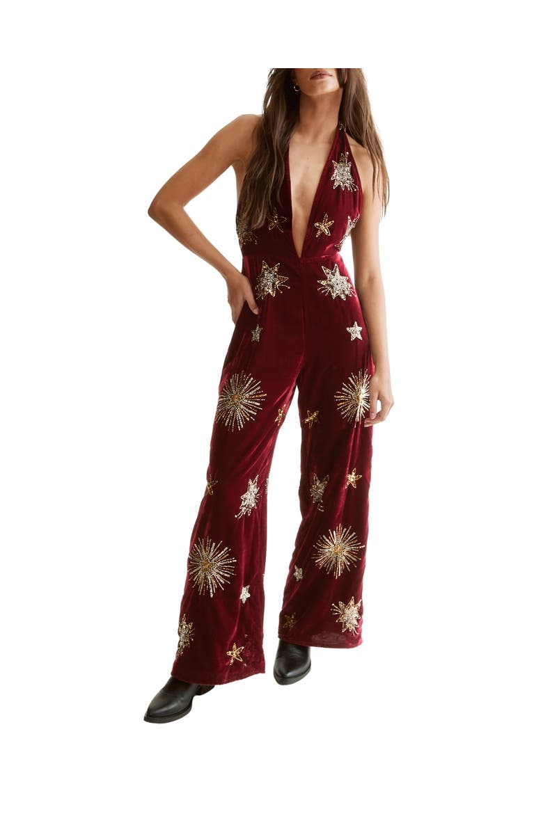 Star Embellished Velvet Halter Jumpsuit, Alternate, color, Wine
