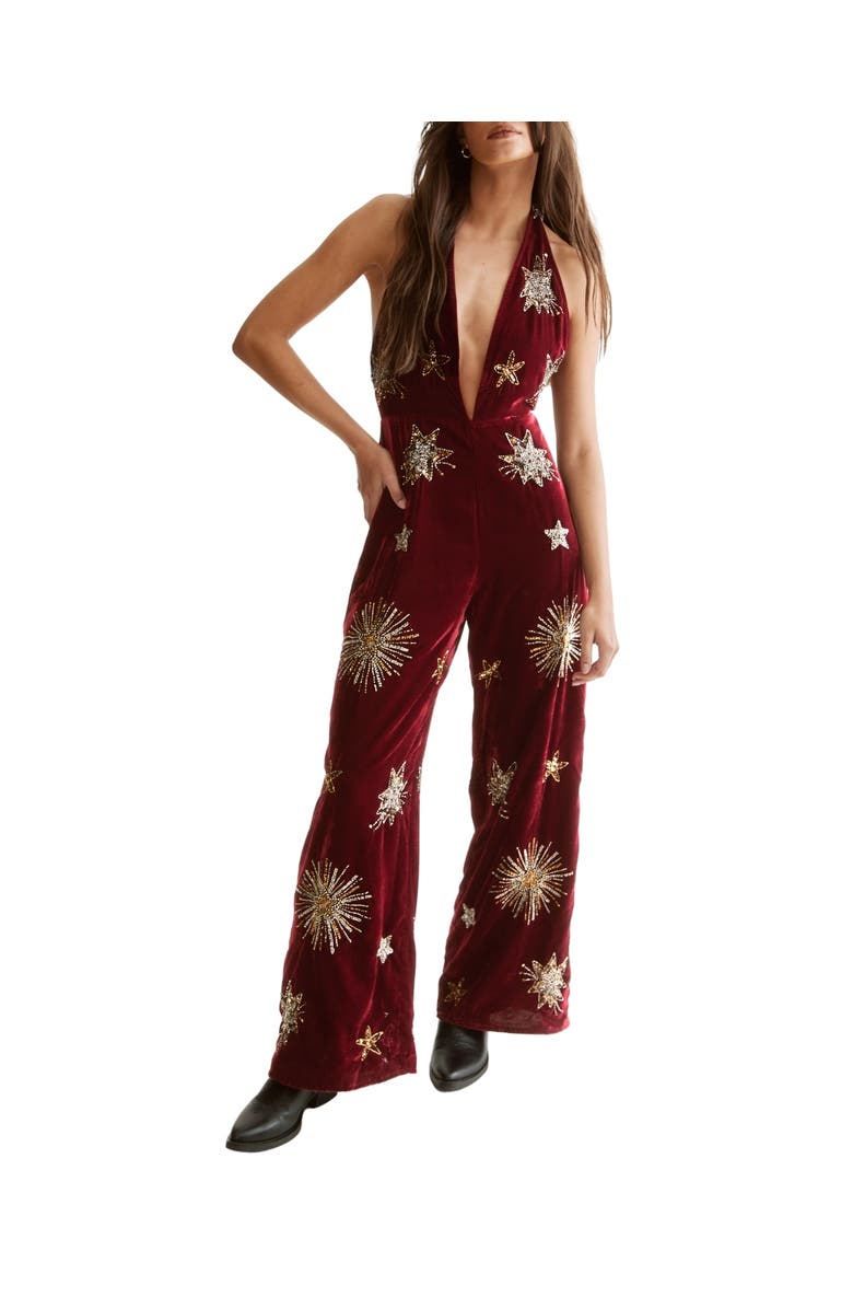 NASTY GAL Star Embellished Velvet Halter Jumpsuit, Alternate, color, Wine