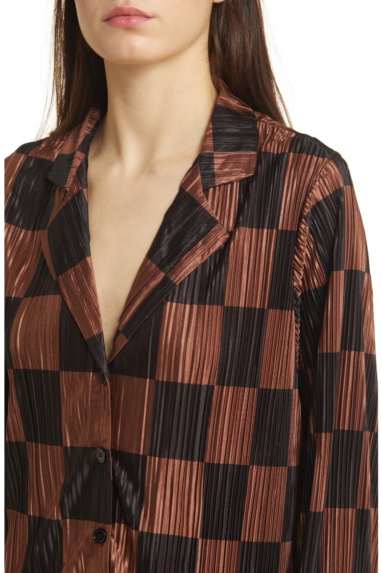 Check Long Sleeve Plissé Top & High Waist Pants, Alternate, color, MOCHA AND BLACK CHECK