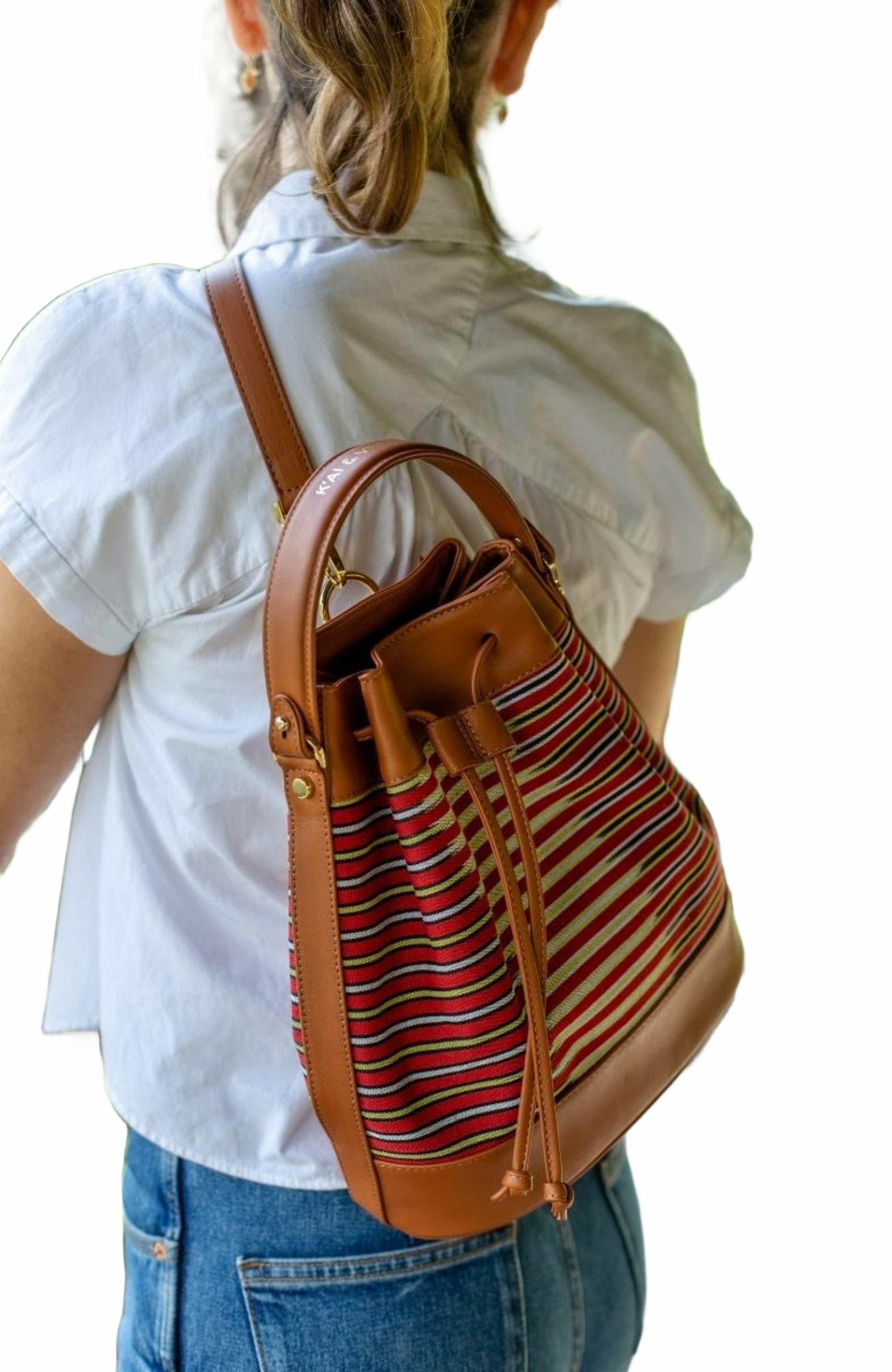K'ai & Vrosi Leather & Striped Fabric Pattern Convertible Bag, Alternate, color, Brown