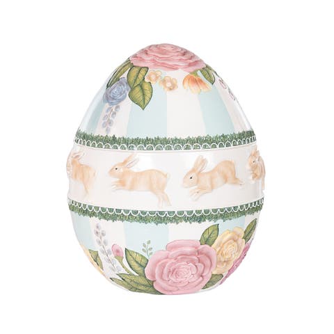 Large Vintage Spring Floral Easter Egg with Stripes Figurine