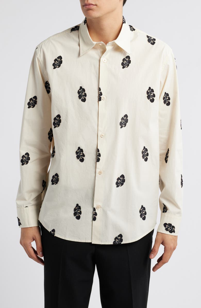 NN07 Freddy 5737 Leaf Jacquard Organic Cotton Button-Up Shirt, Main, color, Ivory