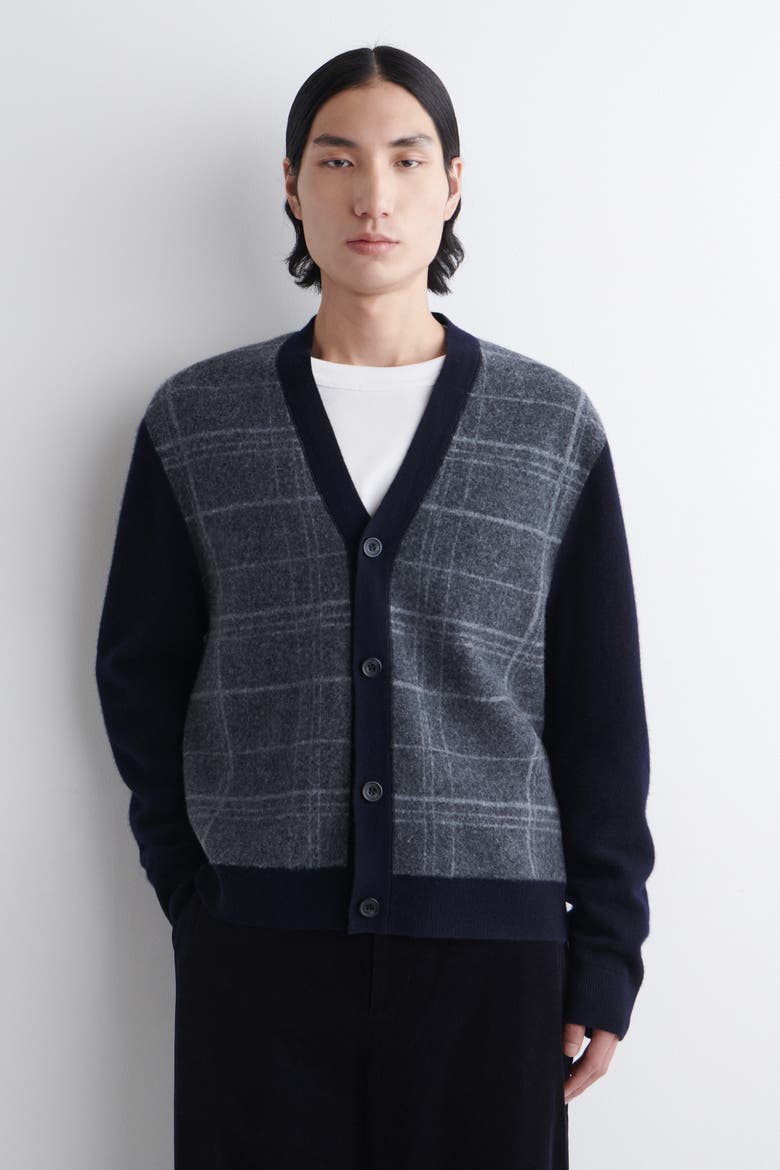 Checked Wool V-Neck Cardigan, Main, color, NAVY / CHECKED