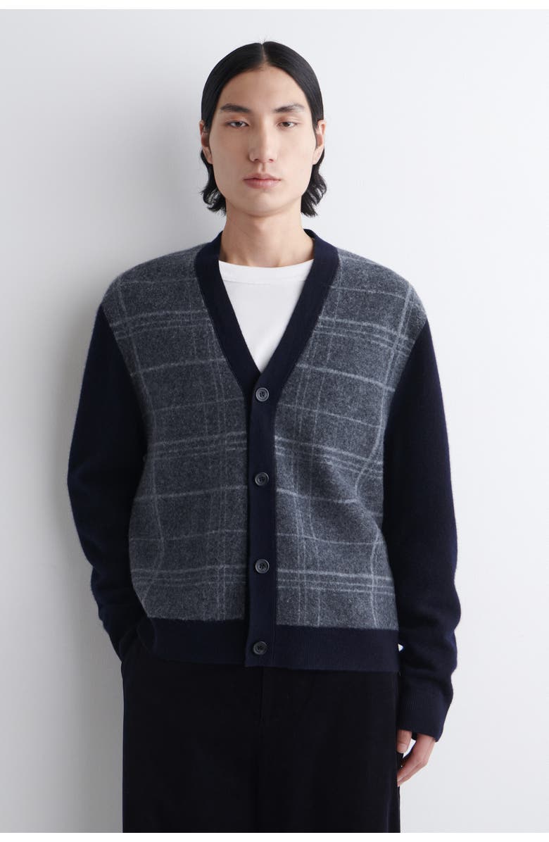 COS Checked Wool V-Neck Cardigan, Main, color, Navy / Checked