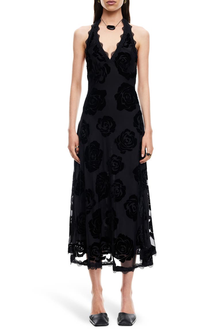 Stars Align Burnout Lace Halter Midi Dress, Main, color, BURNT NOIR ROSE