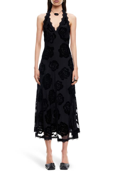 Stars Align Burnout Lace Halter Midi Dress