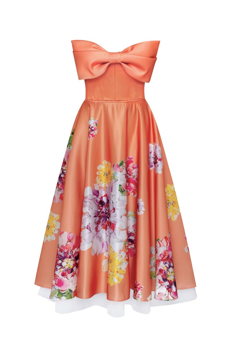 A-Line Satin Floral Print Midi Dress for Cocktail Events, Alternate, color, Orange Floral