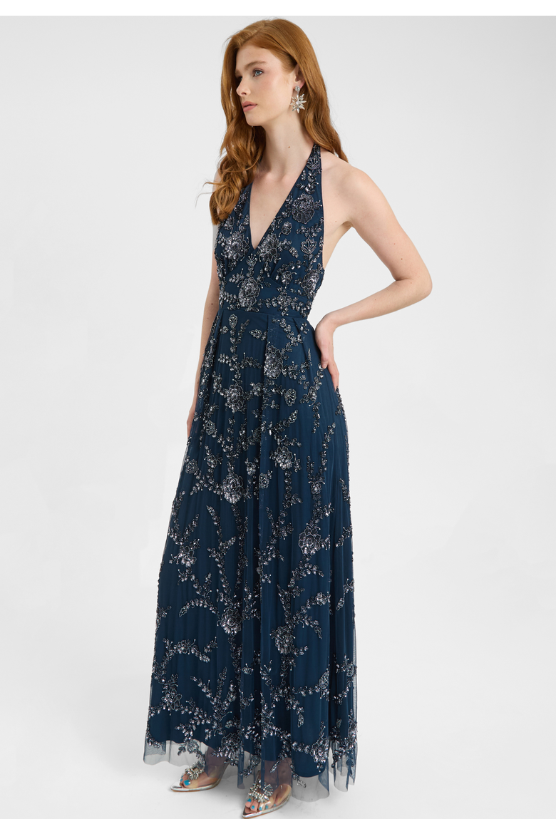 Embellished Sequin Beaded Maxi Dress With Halter Neck With Deep V-Cut, Alternate, color, NAVY