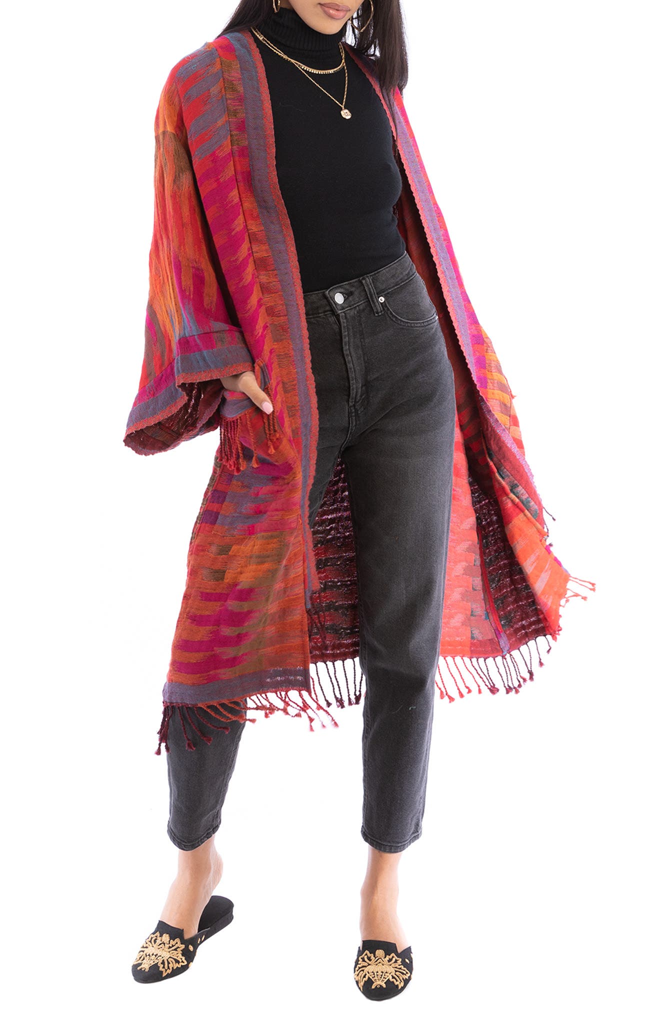 SAACHI Gradient Stripe Fringe Trim Ruana