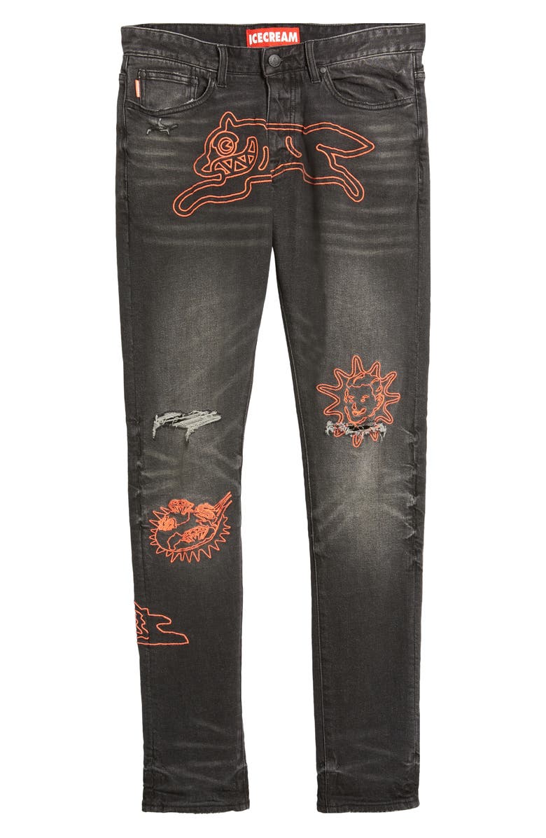 ICECREAM Outline Embroidered Ripped Jeans, Alternate, color,