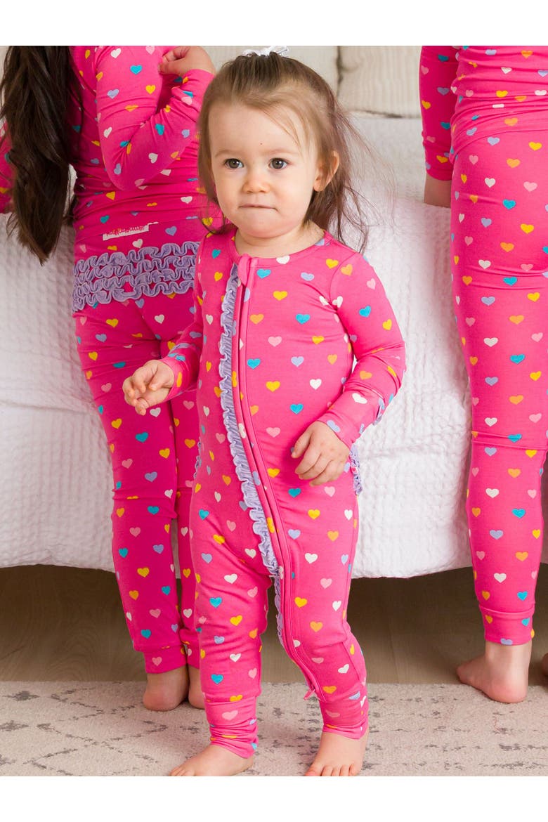 SoftSnooze Baby Girls Ruffle One Piece Convertible Pajamas, Alternate, color, Colorful Hearts