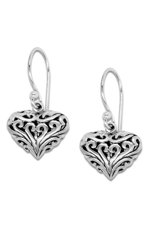Sterling Silver Heart Scroll Drop Earrings