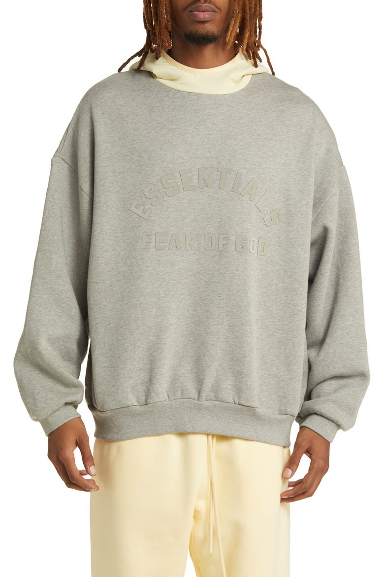 Essentials Logo Oversize Fleece & Nylon Hoodie, Main, color, DARK HEATHER OATMEAL/YELLOW