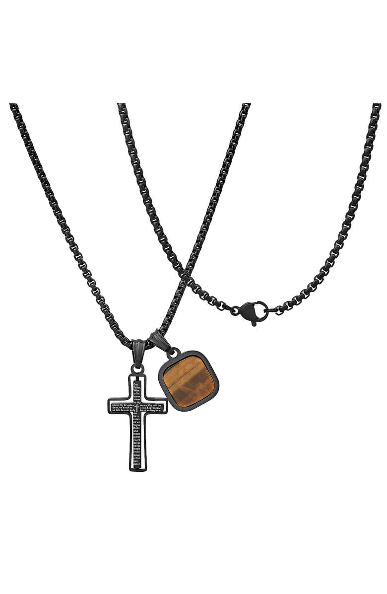 HMY JEWELRY Men's Cross & Tiger's Eye Pendant Necklace, Alternate, color, Multi