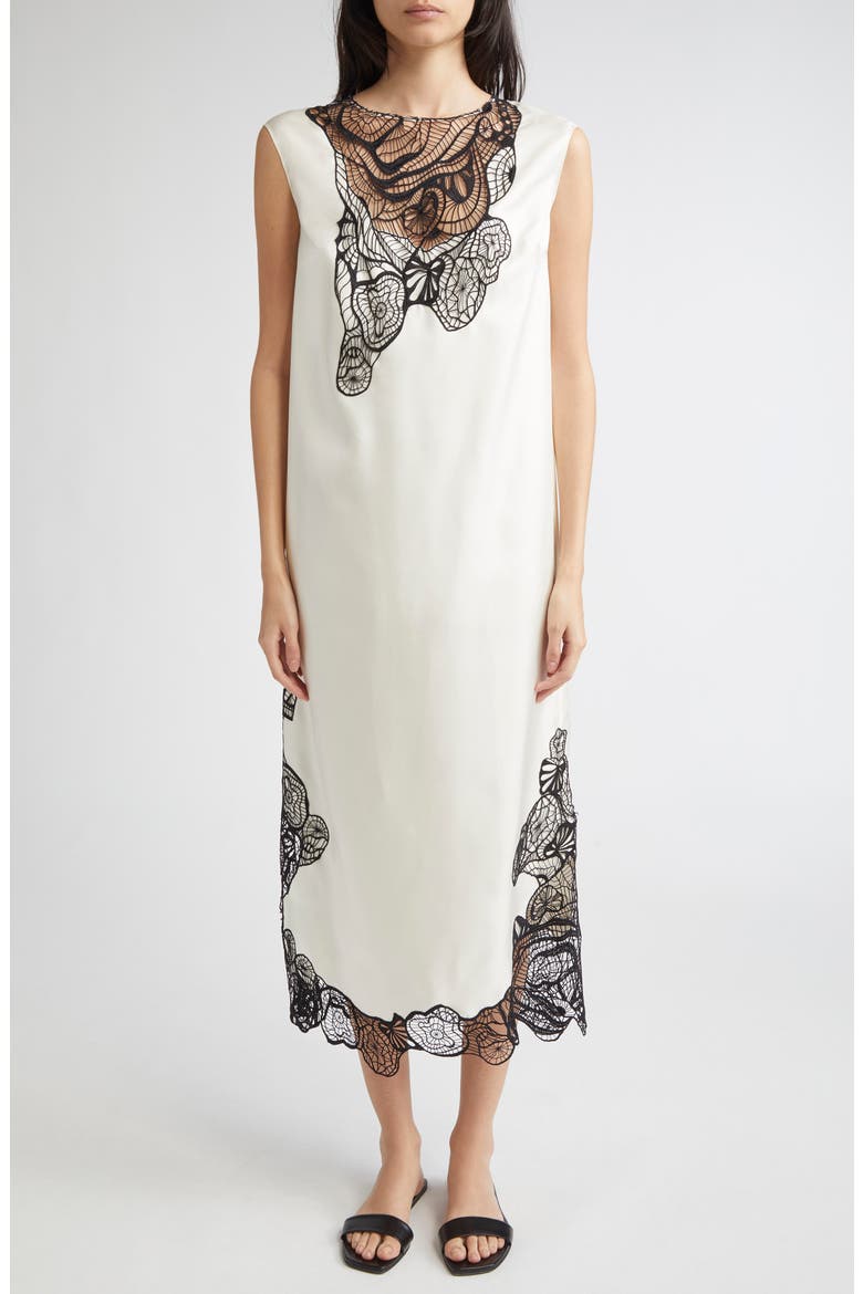 Uma Lace Trim Silk Twill Maxi Dress, Main, color, IVORY/ BLACK