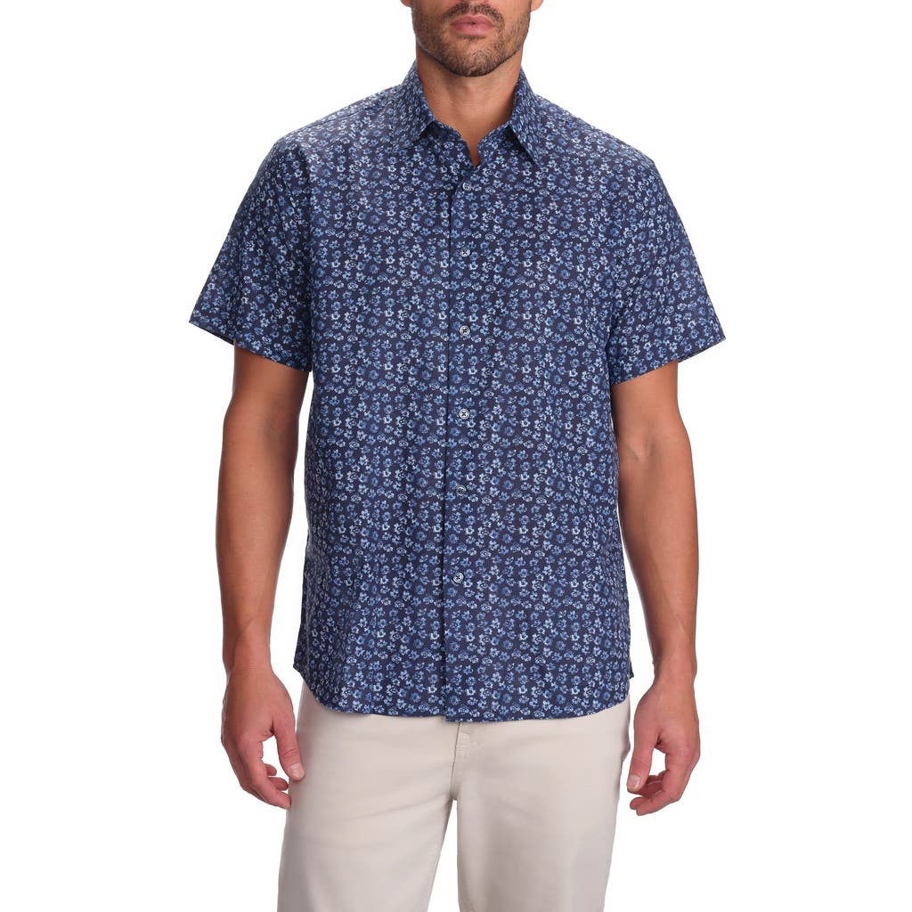 Studio Garnet Los Angeles Floral Print Short Sleeve Cotton Button-up Shirt In Navy