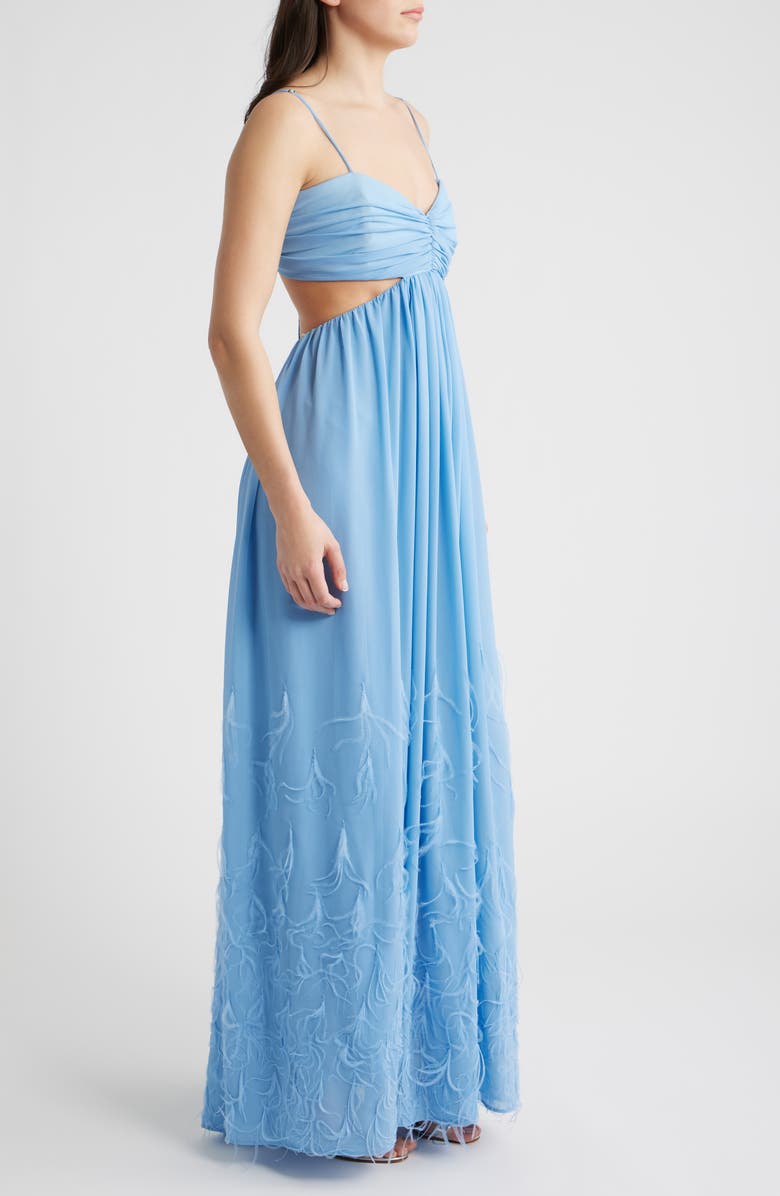 Delfi Collective Eli Cutout Feather Trim Gown, Alternate, color, Baby Blue