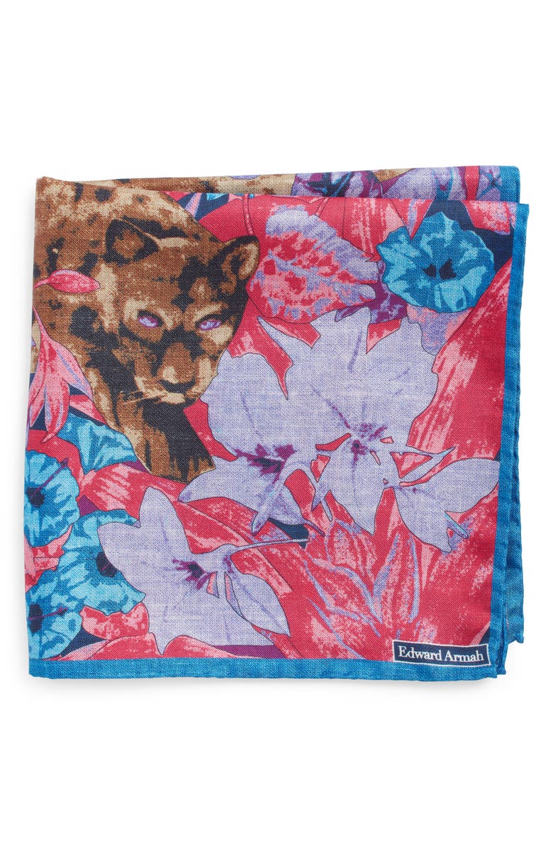 EDWARD ARMAH Leopard & Jungle Print Silk Pocket Square, Main, color,