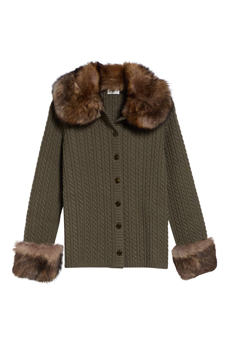 Genuine Shearling Trim Cashmere Cable Cardigan, Alternate, color, KAKI/ FAUVE