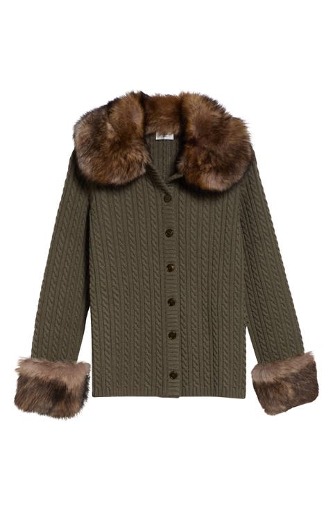 Genuine Shearling Trim Cashmere Cable Cardigan
