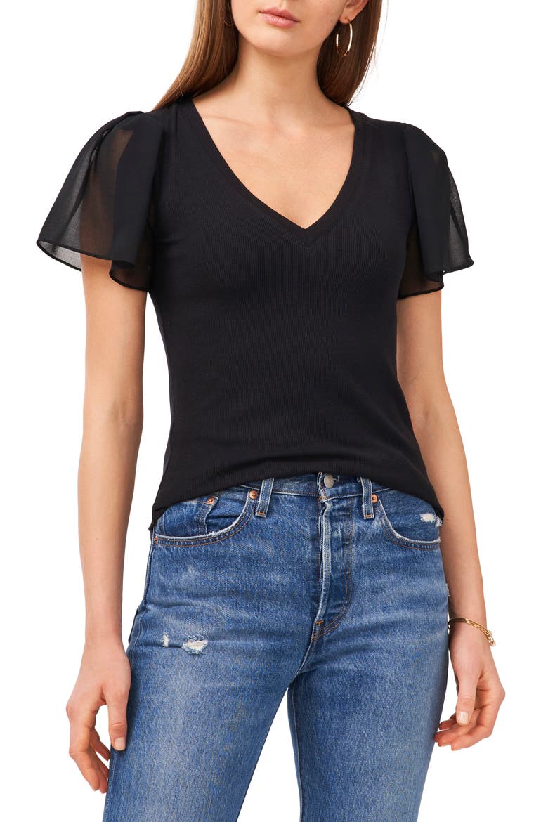 Flutter Sleeve Rib Knit T-Shirt, Main, color, RICH BLACK