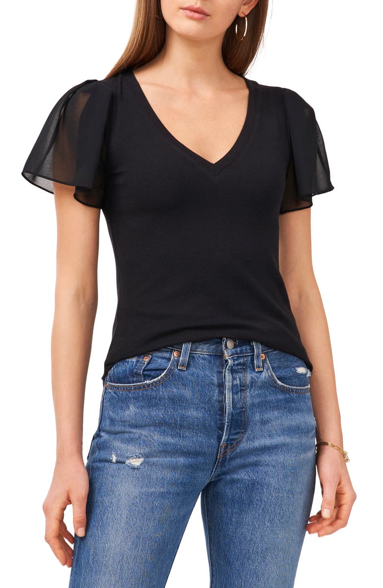 1.STATE Flutter Sleeve Rib Knit T-Shirt, Main, color, Rich Black