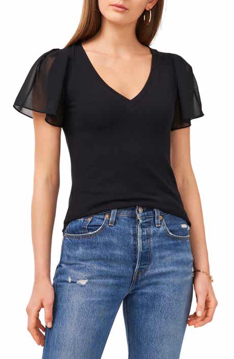 Flutter Sleeve Rib Knit T-Shirt