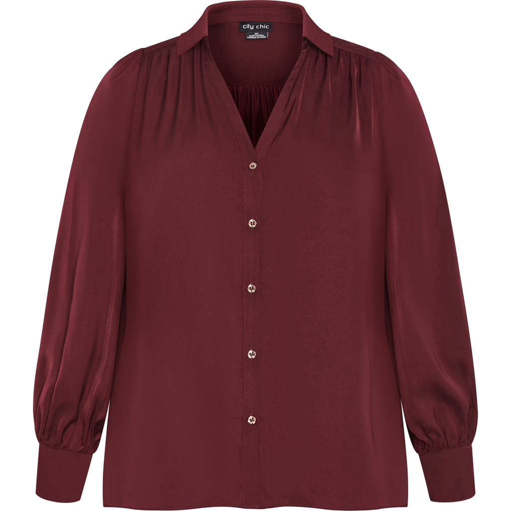 City Chic Jennifer Johnny Collar Button-up Shirt In Red