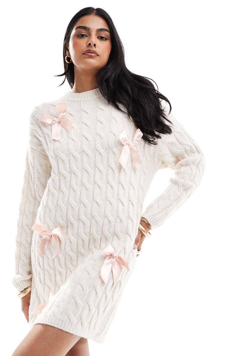 Miss Selfridge Bow Cable Stitch Long Sleeve Sweater Dress, Alternate, color, 
