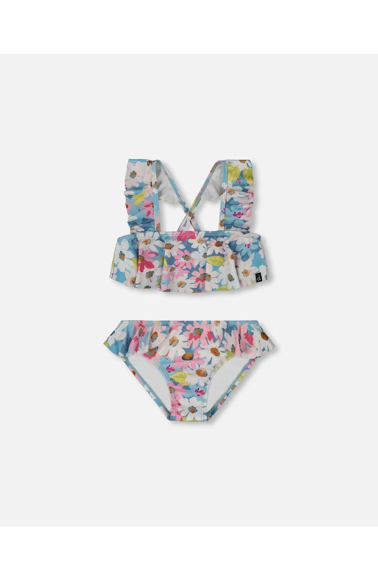 Deux par Deux Girl's Printed Two-Piece Swimsuit With Frills White, Pink, And Green Flowers, Main, color, 
