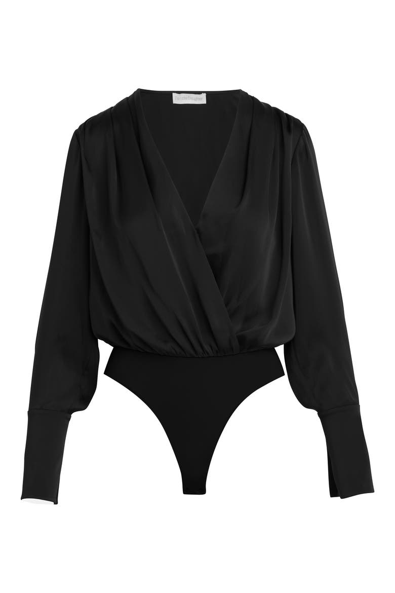 Surplice Long Sleeve Satin Bodysuit, Alternate, color, BLACK