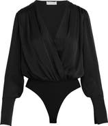 Favorite Daughter Surplice Long Sleeve Satin Bodysuit