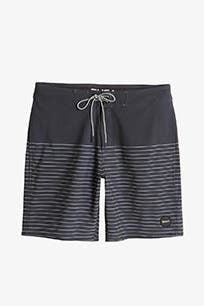 Black board shorts with white stripes.
