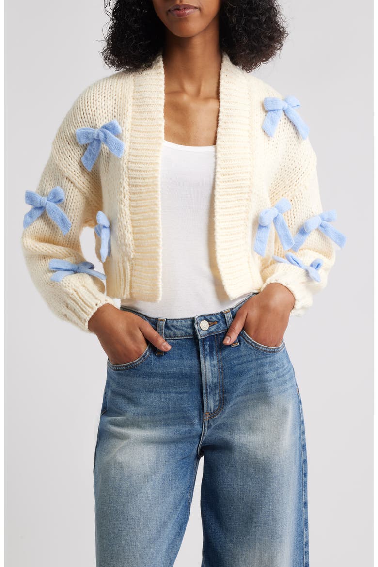 Bow Accent Crop Open Front Cardigan, Main, color, IVORY