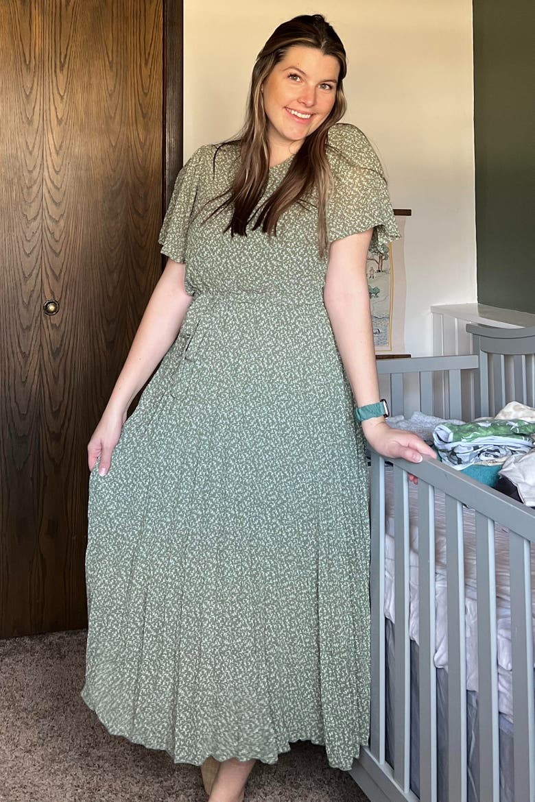 Leaf Print Pleated Midi Dress, Alternate, color, Light Olive