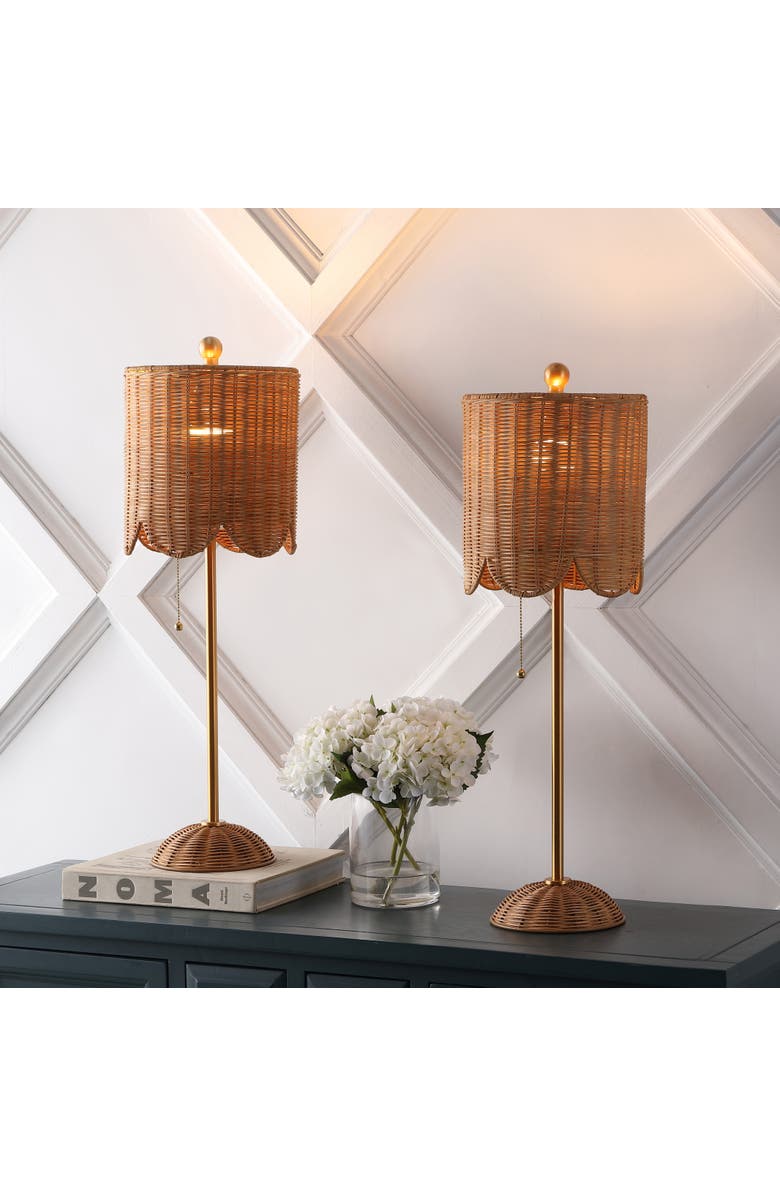 JONATHAN Y Celerie 27.5" Coastal Bohemian Rattan/Iron Scalloped Buffet LED Table Lamp with Pull Chain, Alternate, color, Natural/Brass Gold