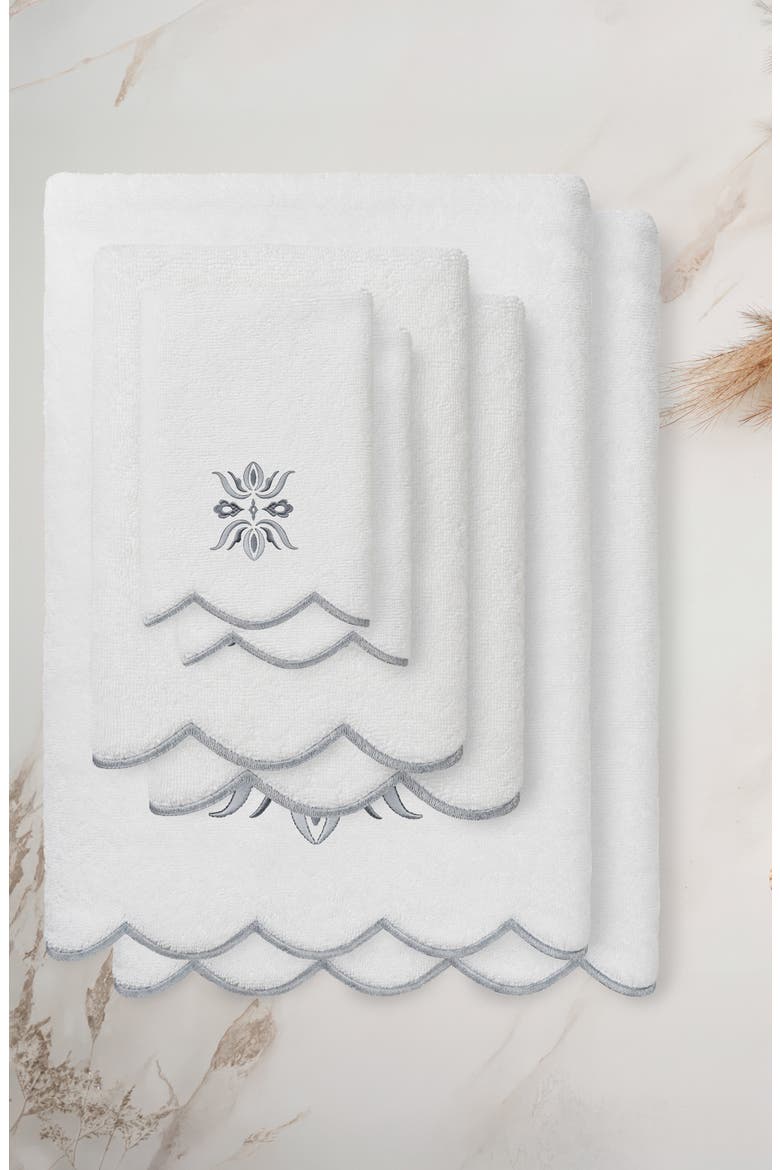 Flower Crest Scalloped 6-Piece Towel Set, Alternate, color, WHITE/ GRAY