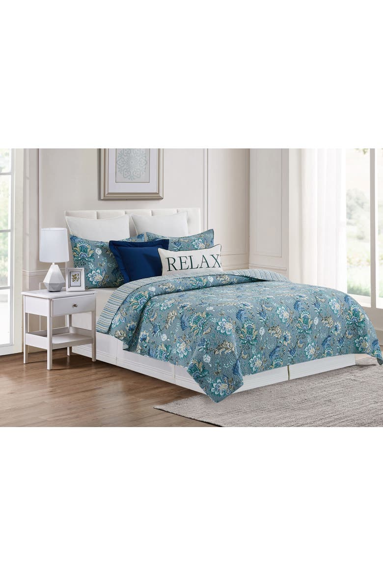 Morrison Cotton Floral Jacobean Quilt Set  - Reversible and Machine Washable, Main, color, Blue
