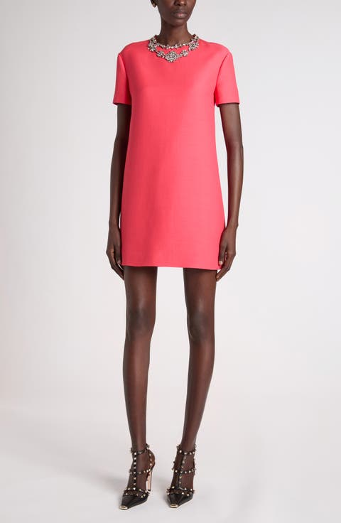 Rhinestone Embellished Wool & Silk Crepe Couture Minidress