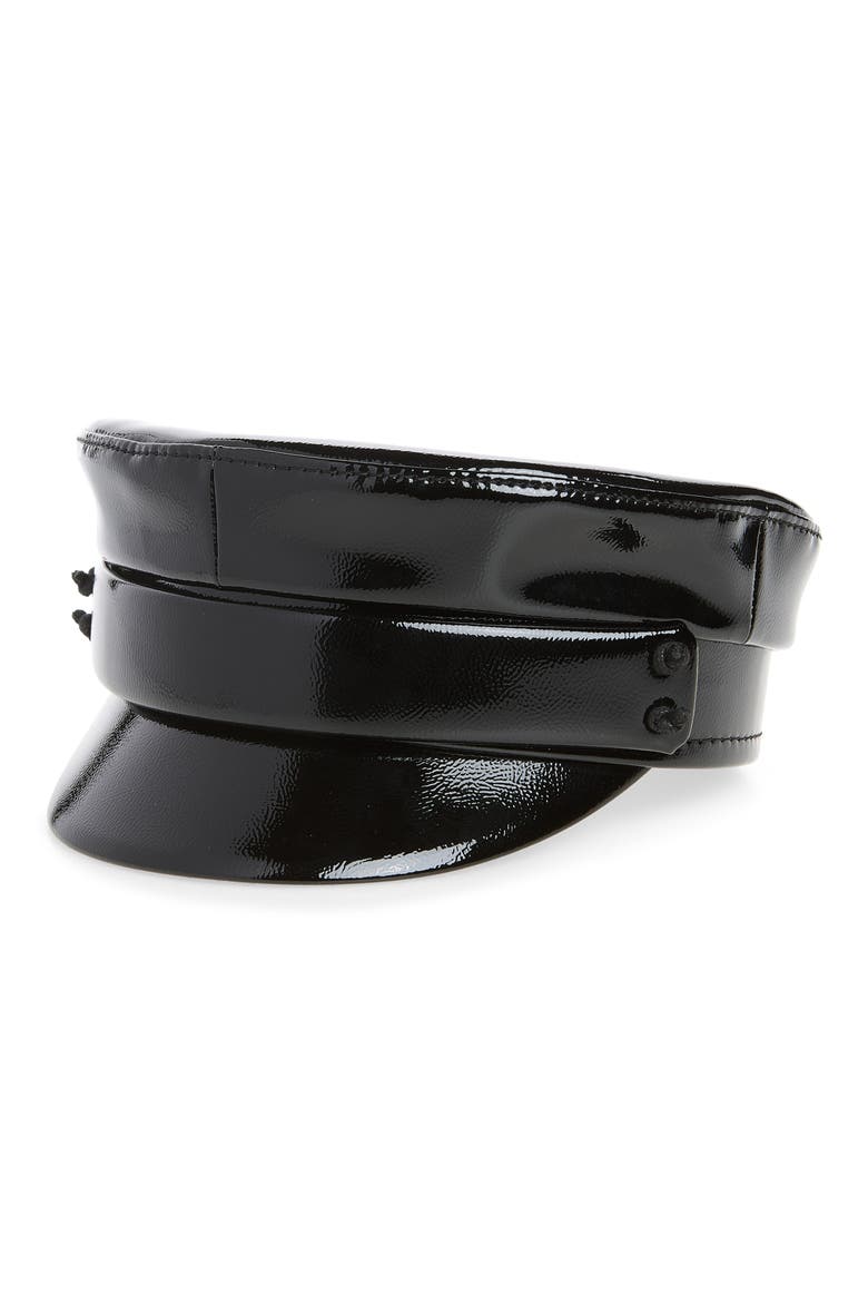 Belted Patent Baker Boy Cap, Main, color, BLACK
