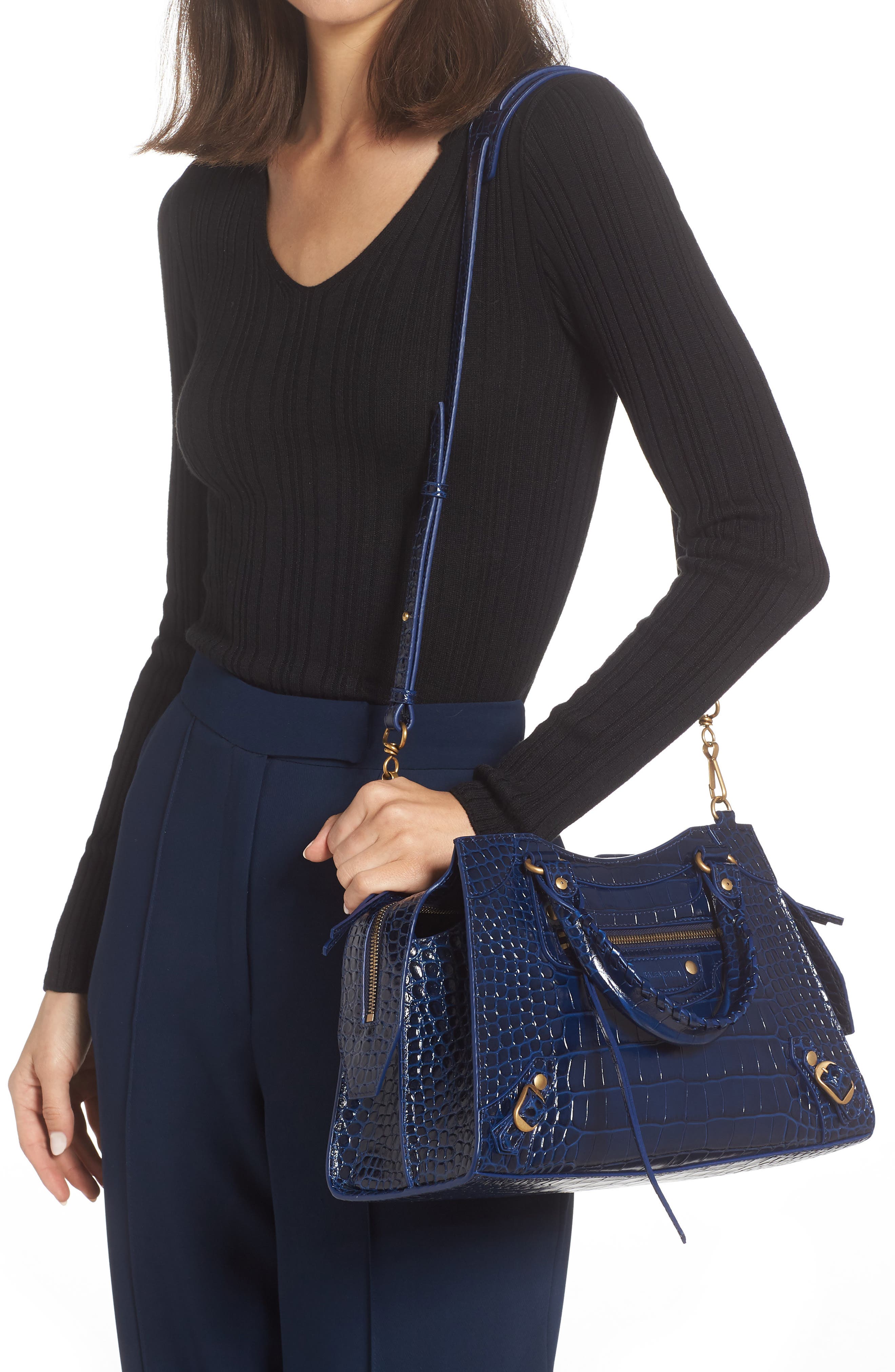 Balenciaga Small Neo Classic City Croc Embossed Leather Top Handle Bag, Alternate, color, 