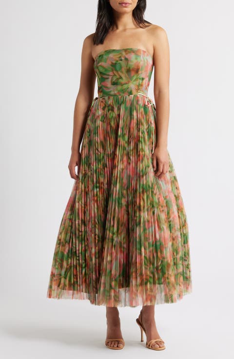 Pleated Strapless Mesh Gown