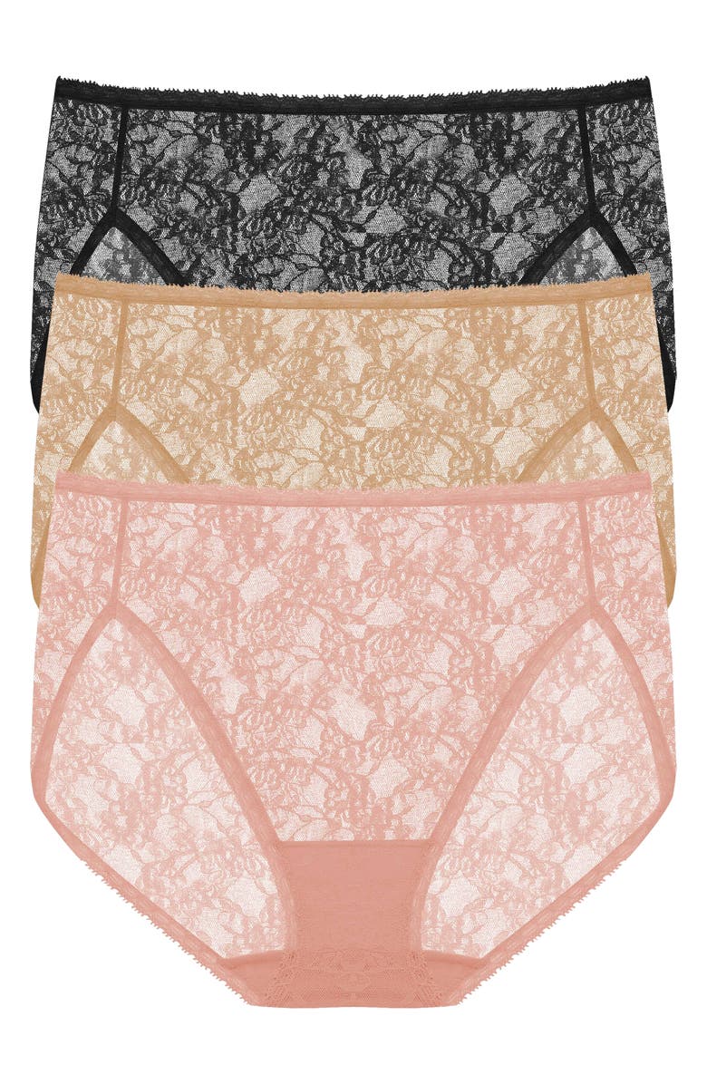 Natori Bliss Allure Lace 3-Pack French Cut Briefs, Main, color, Black/ Cream/ Rose