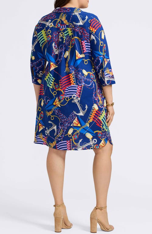Foxcroft Sloane Nautical Print Linen Blend Shirtdress In Navy Multi