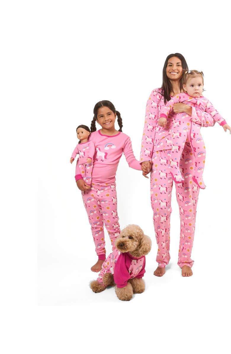 Leveret Footed Cotton Pajamas Matching Family Coordinated Playful Prints, Alternate, color, Unicorn Rainbow