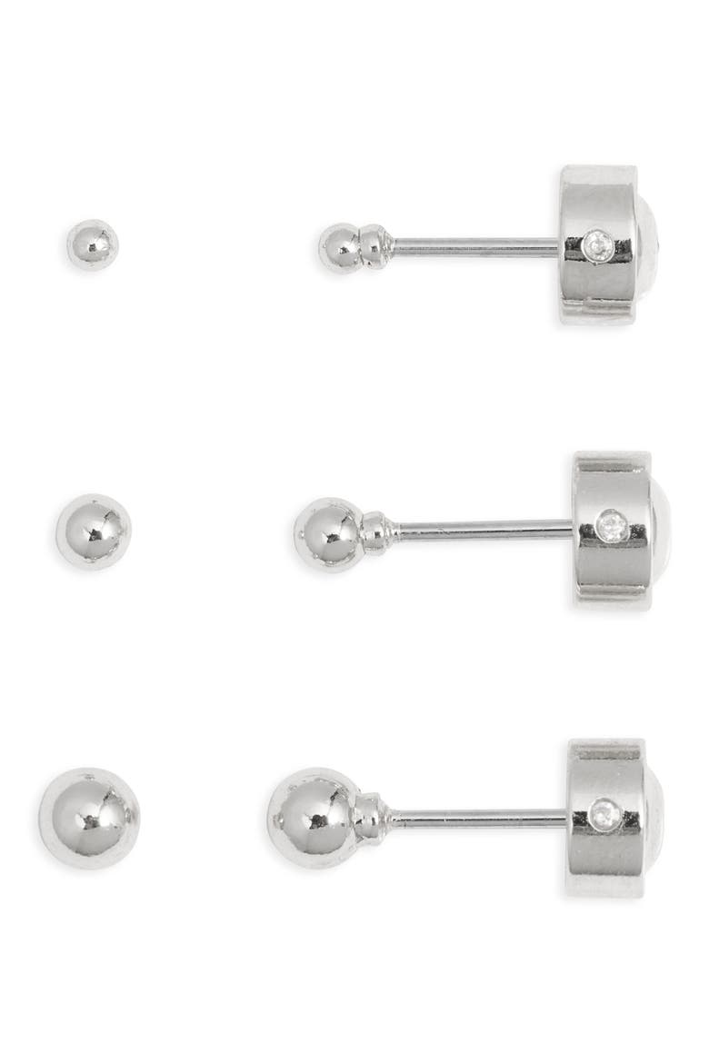 Demi Fine Set of 3 Ball Stud Earrings, Main, color, STERLING SILVER PLATED