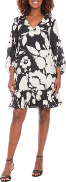 London Times Floral V-Neck Three-Quarter Sleeve Shift Dress