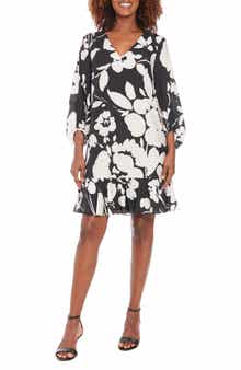 London Times Floral V-Neck Three-Quarter Sleeve Shift Dress
